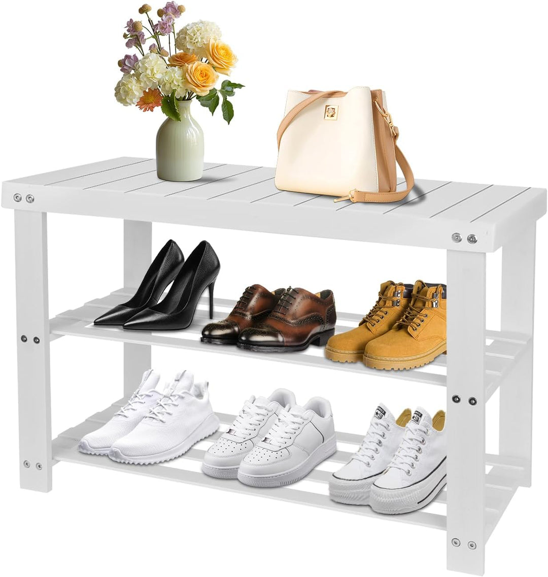 LANTUS Schuhregal, Schuhschrank mit Sitzbank, Bambus Schuhbank mit 3 Ablagen, ideal für Flur, Bad, W