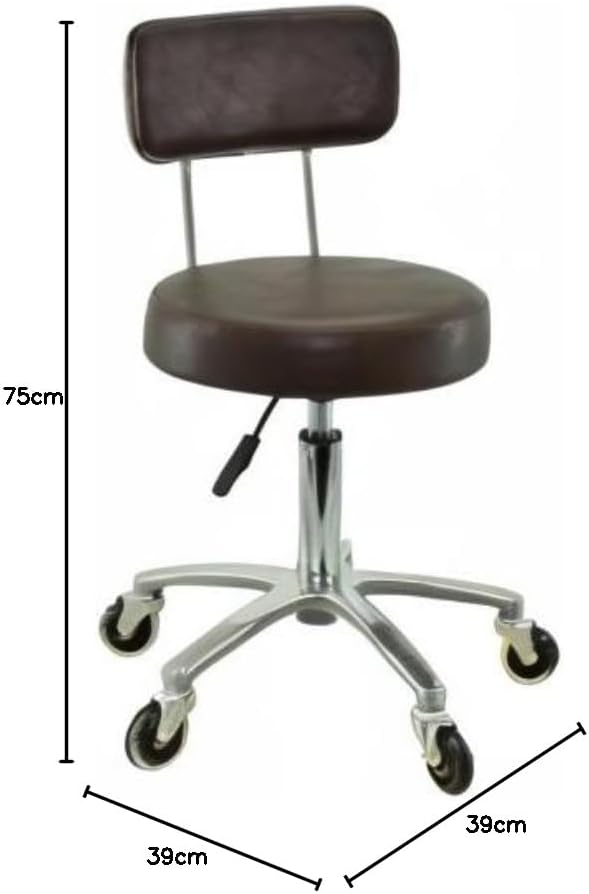 VAKON SALON - Premium Rollhocker mit Lehne in braun - Höhenverstellbar von 50 bis 65 cm - Rundsitz -