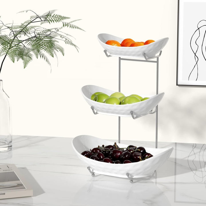 Obstschale, 3 Etagen Keramik Obstkorb, 3 Etagen Servierständer Servierschale mit Metallgestell, Porz