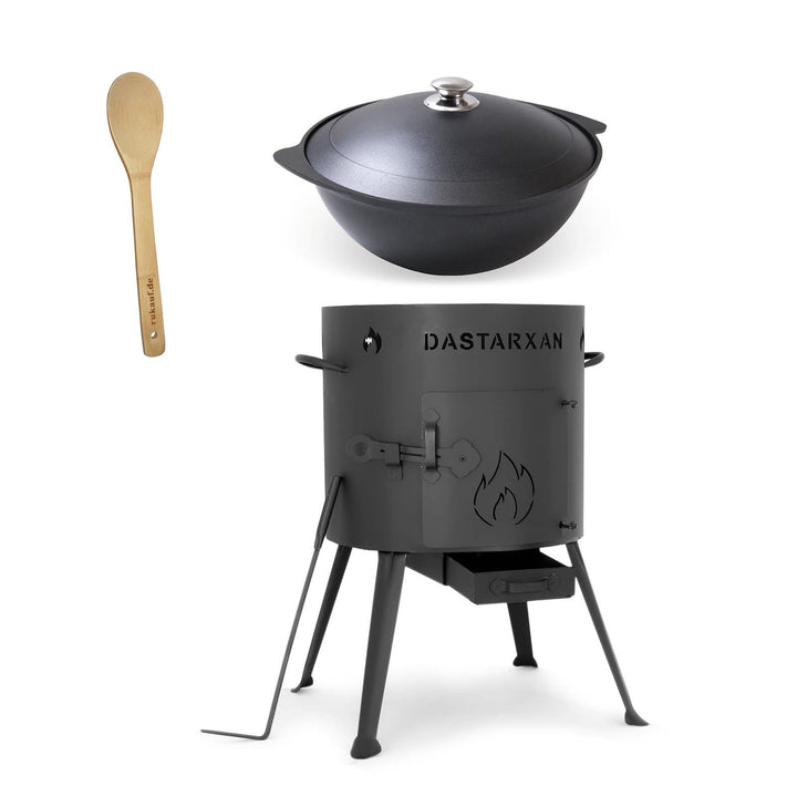 Set Utschak, 37 cm + 9 Liter ANTIHAFT Kasan Kazan aus ALU + Löffel/Feldküche Gulasch-Kessel Feuer-Of