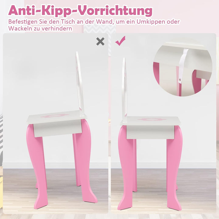 GOPLUS Kinder Schminktisch Set, Make up Schminktisch mit Hocker Spiegel, 2 in 1 Frisiertisch mit Sch