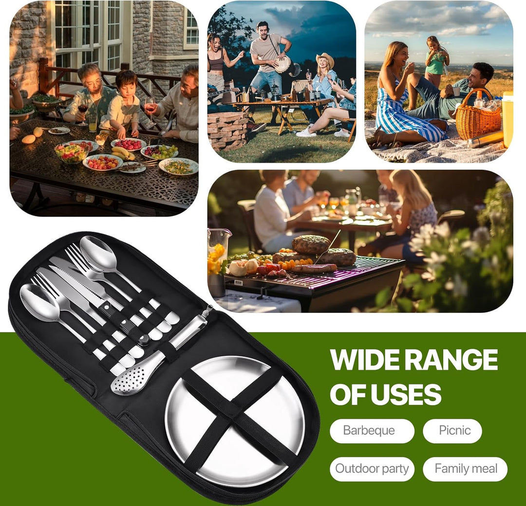 Tragbares Camping-Geschirr-Set, 13-teilig, 2 Personen, Edelstahl, für Outdoor, Camping, Picknick Sil