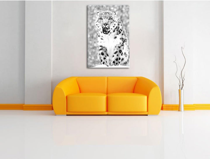 Pixxprint Leopard im Schnee Kunst B&W / 100x70cm Leinwandbild bespannt auf Holzrahmen/Wandbild Kunst