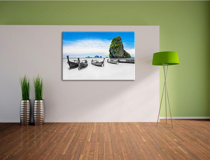 schöne Boote im Pazifik schwarz/weiss Format: 100x70 auf Leinwand, XXL riesige Bilder fertig gerahmt