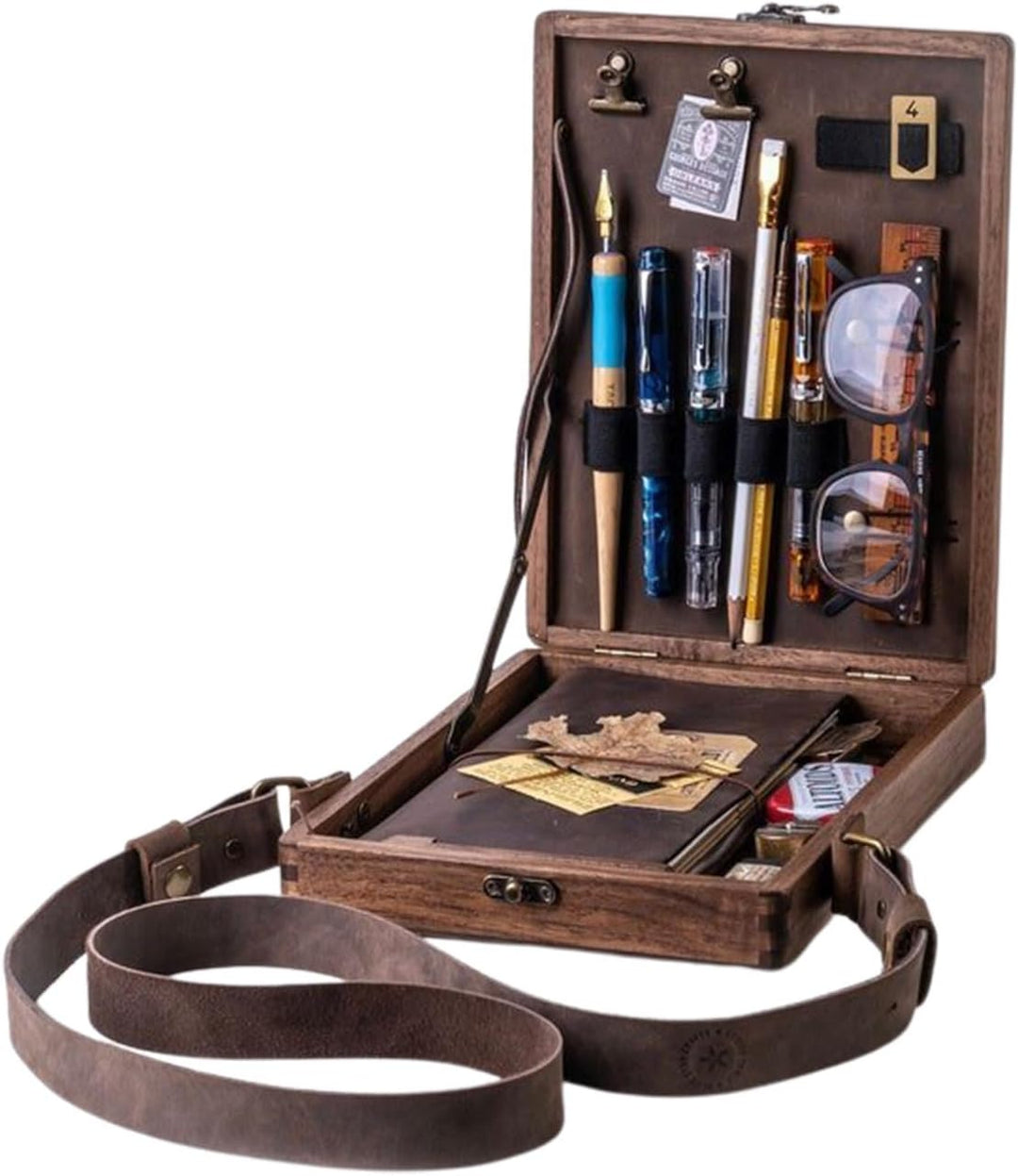 Writers Messenger Wood Box, A5 Artist Tool and Brush Storage Box, Walnut Wooden Shoulder Bag, Multip