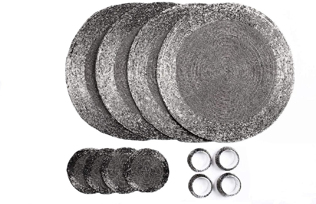 Penguin Home® Set von 12 Tischsets mit Glasperlen, Untersetzer und Serviettenringe - Antik Silber Fa
