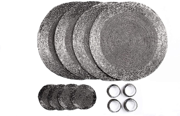 Penguin Home® Set von 12 Tischsets mit Glasperlen, Untersetzer und Serviettenringe - Antik Silber Fa