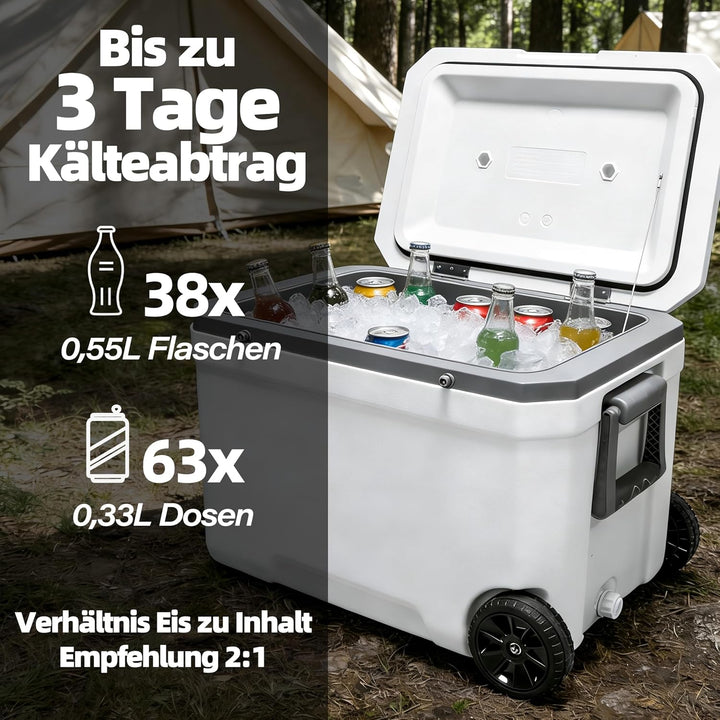 WISD 45L Kühlbox mit Rollen und Griff – Grosse Camping Kühlbox mit Metallverschlüssen & Ablaufstopfe