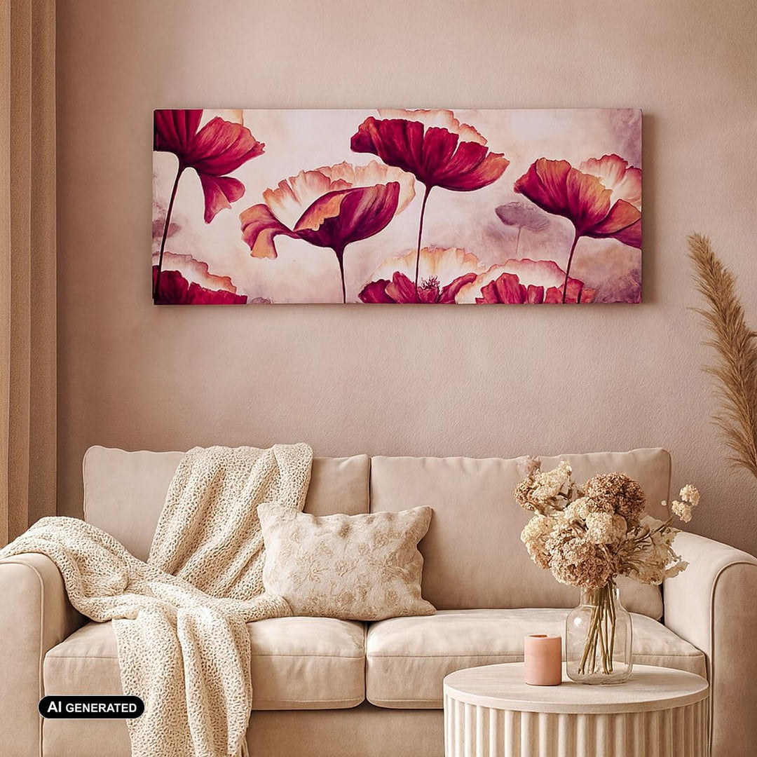 Wandbilder Dekoration Wohnzimmer Mohn Blume Wiese Panorama Bilder auf Leinwand 120x50cm Leinwandbild