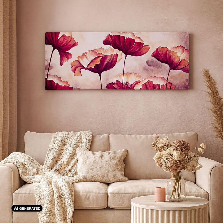 Wandbilder Dekoration Wohnzimmer Mohn Blume Wiese Panorama Bilder auf Leinwand 120x50cm Leinwandbild