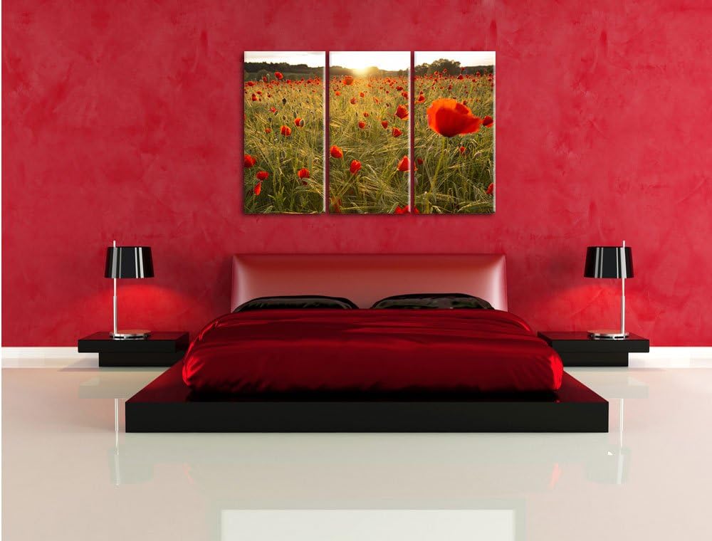 Pixxprint Mohnfeld bei Sonnenuntergang als Leinwandbild/Grösse: 3 Teilig (120x80) cm/Wandbild/Kunstd