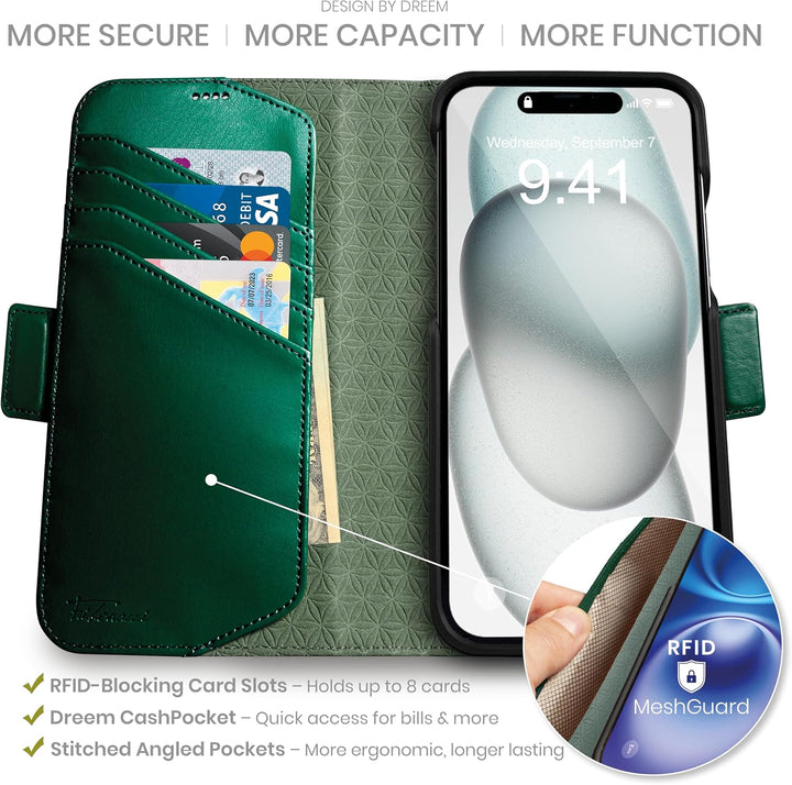 Dreem Lederhülle für iPhone 15 Plus - Revolutionärer Ständer & Kartenfach, Abnehmbare Magnetische Hü