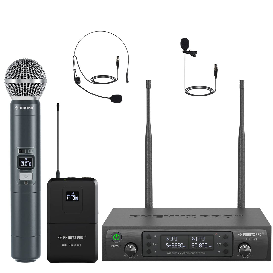 Phenyx Pro Wireless Mikrofon System mit Dual-Handheld-Funkmikrofon/Bodypack/Headset/Lapel-Mikrofon,