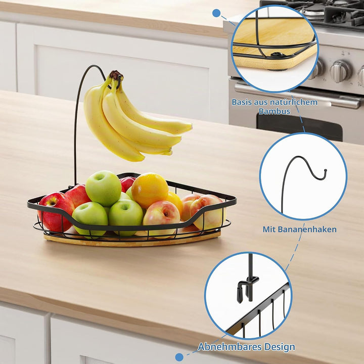 Obstkorb Schwarz Rechteckig 1-stöckiger Obstschale mit Bananen-Aufhänger, Metall Obstschale mit Bamb