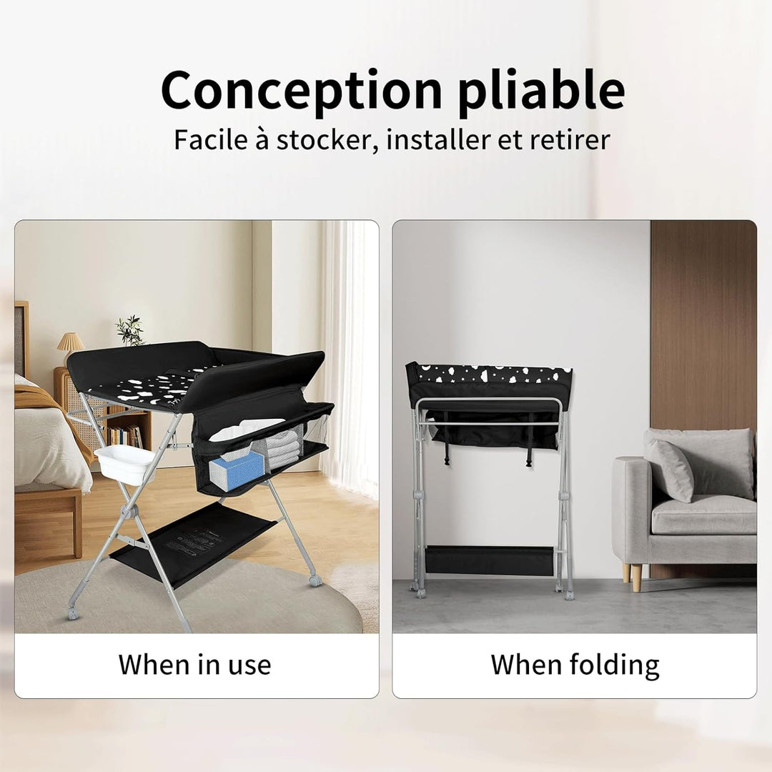 OHMG Baby Wickelkombi Klappbare Wickelkommode,Wickeltisch mit Rollen,Mobiler Wickeltisch mit Wickela