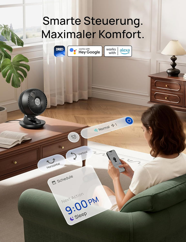 DREO 3D-Oszillierender Tischventilator für Schlafzimmer, 8,8 m/s starker Luftstrom, 22 dB leise, 90°