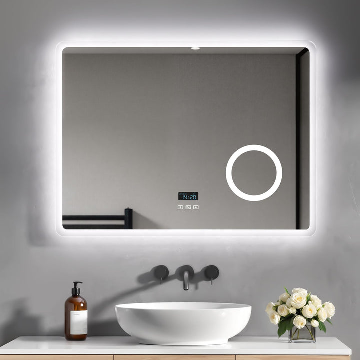 Heilmetz Led Badspiegel 80 x 60 cm Kaltweiss Badezimmerspiegel mit Touch + Bluetooth + Uhr + Beschla