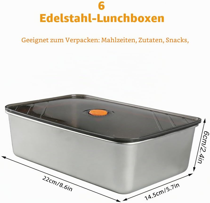 6er Set Stapelbare Edelstahl-Box 21.8 * 14.5 * 6 cm Edelstahl Brotdose Luftdicht Lebensmittelbehälte