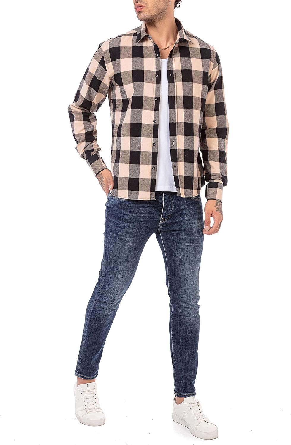 Hemd für Herren Freizeithemd Holzfällerhemd Kariert Plaid Shirt Vintage S Beige, S Beige