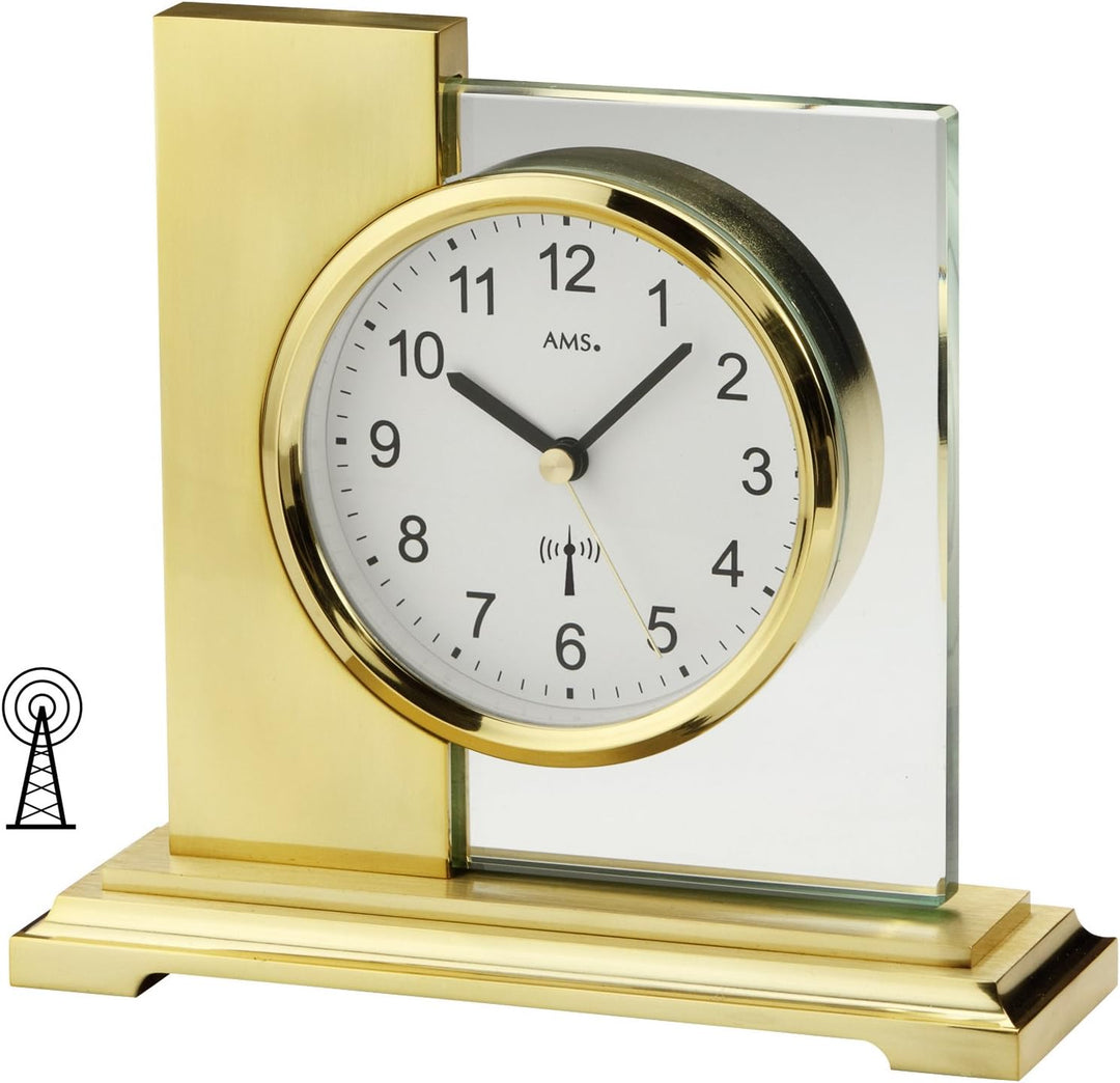 AMS 5141 Tischuhr Funk golden eckig modern messing farben mit Glas Funktischuhr