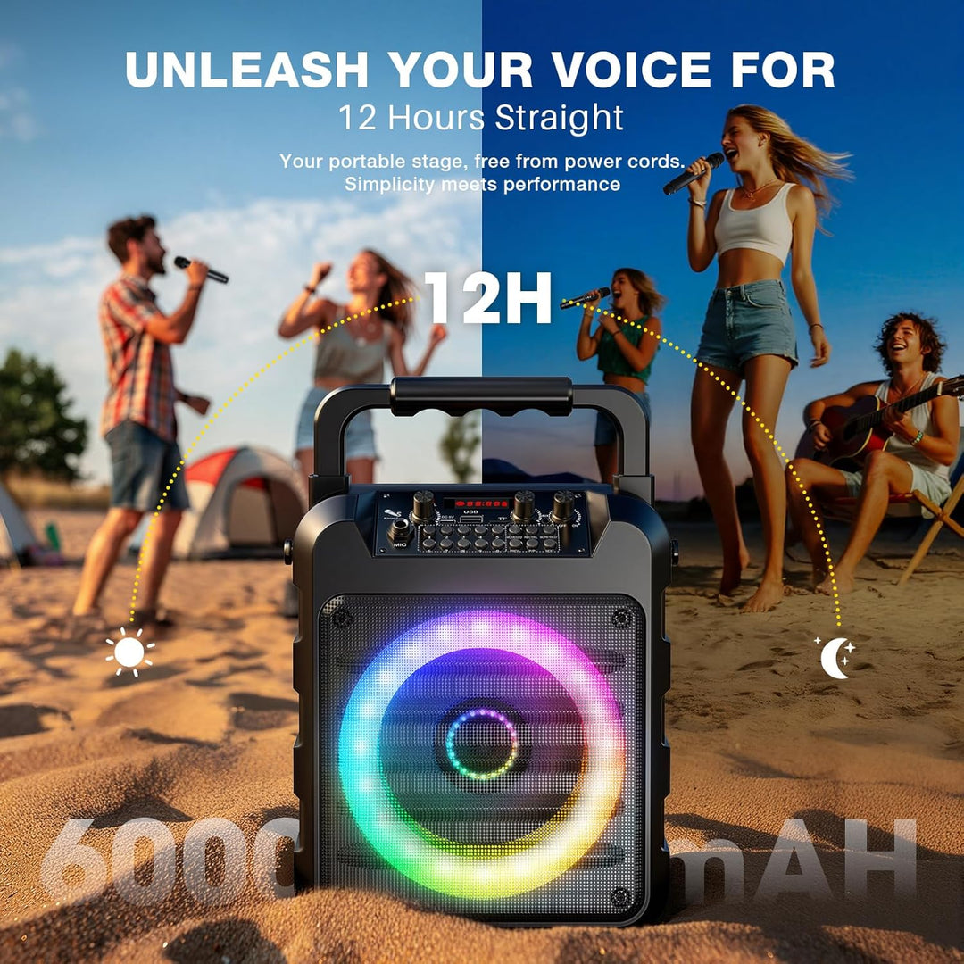 Dislocati Karaoke Maschine mit 2 Wireless Mikrofonen - 20W Tragbarer Party-Lautsprecher, LED-Lichtsh