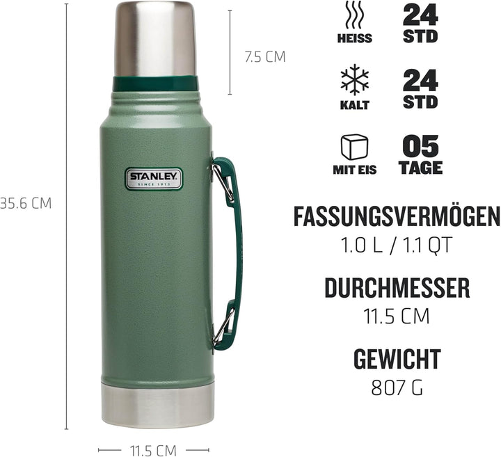 Stanley Classic Legendary Bottle Thermoskanne 1L - Hält 24 Stunden heiss/Kalt - Edelstahl Thermosfla