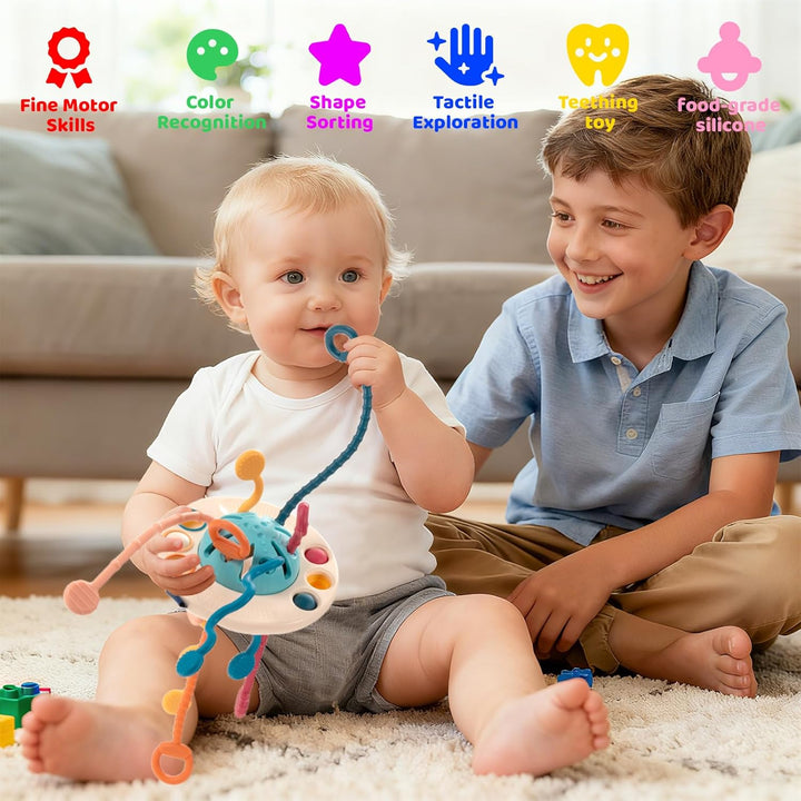 Montessori Baby Spielzeug ab 12 Monaten, 5-in-1 Sensorik Set mit Ziehspielzeug, Stapelringen & Rasse