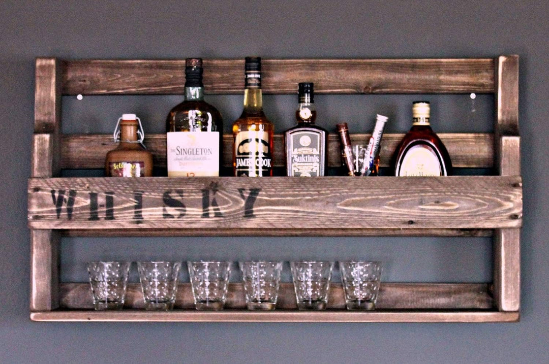 Dekorie Whisky Regal aus Holz - mit Gläserhalter und Whisky Schriftzug - Braun - Industrie Stil - fe