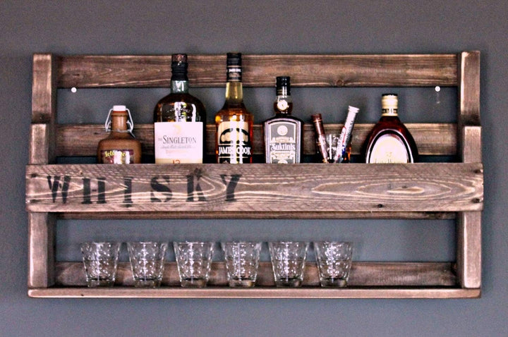Dekorie Whisky Regal aus Holz - mit Gläserhalter und Whisky Schriftzug - Braun - Industrie Stil - fe