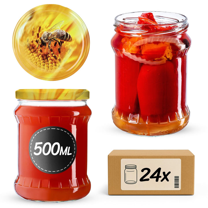 KADAX 24er Set Einmachgläser 500ml TO82 Biene, Sturzgläser Mason Jar mit Schraubdeckel, Luftdichte T