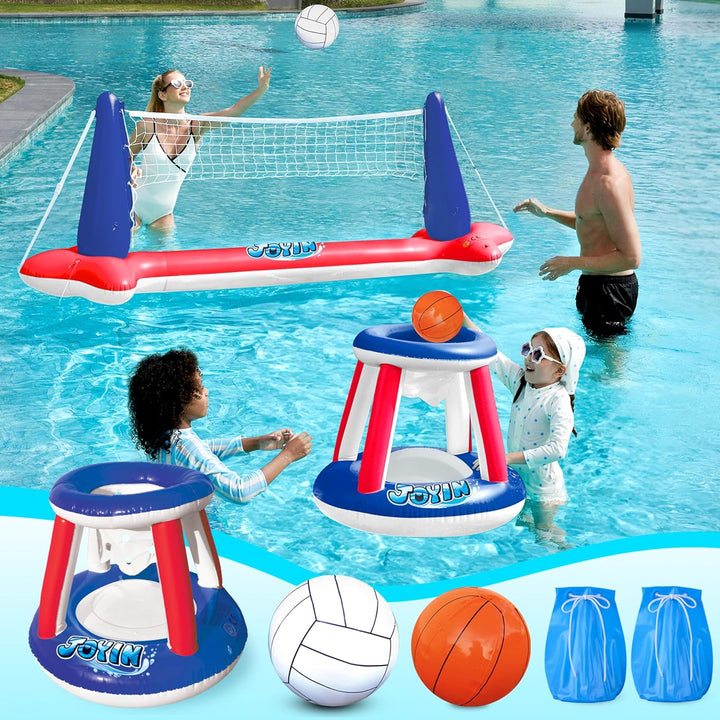 JOYIN Aufblasbare Pool Float Set, Volleyballnetz & Basketballkörbe & Bälle für Kinder und Erwachsene