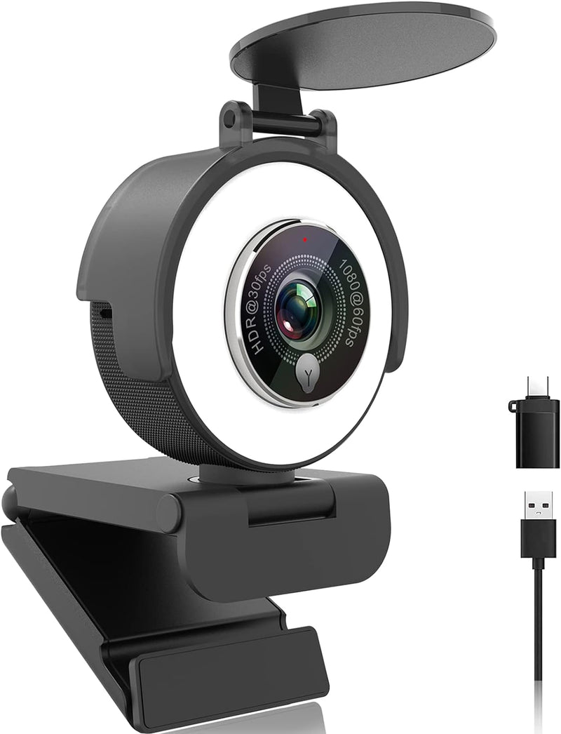 Angetube 1080p Webcam mit Ringlicht für Streaming: USB 60FPS Webkamera mit Mikrofon-HDR-fähig-HD Aut