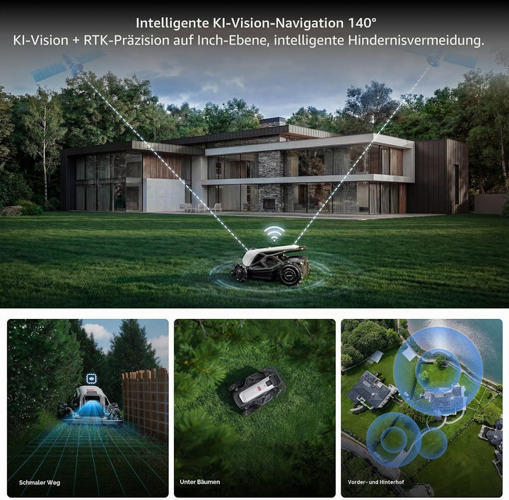 TRON SE Mähroboter ohne Begrenzungskabel, bis 1500m², VSLAM + nRTK Navigation mit 140° KI Vision, Ke