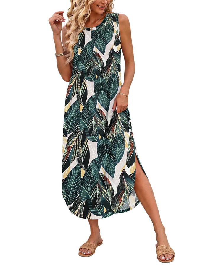 AUSELILY Maxikleider Damen Sommer Ärmellos Strandkleid Lang Sommer-Kleider XL Blattdruck, XL Blattdr