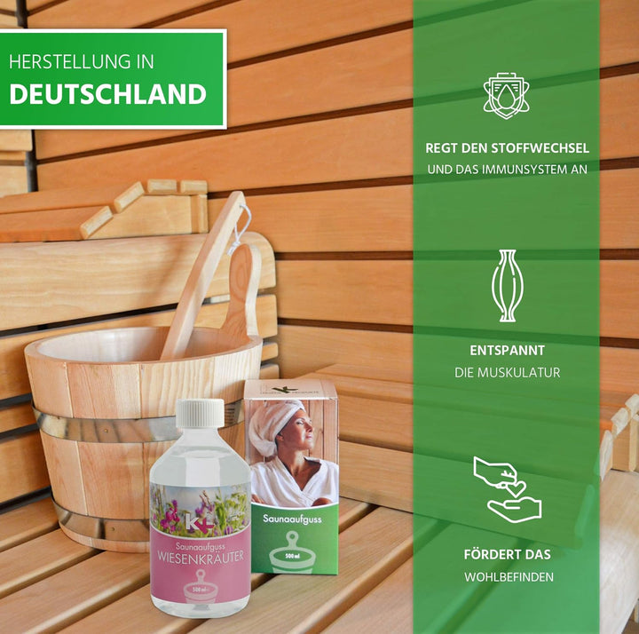 KK Sauna Aufguss Konzentrate PREMIUM - Made in Germany - Duftsorte Wiesenkräuter - 500 ml Flasche -