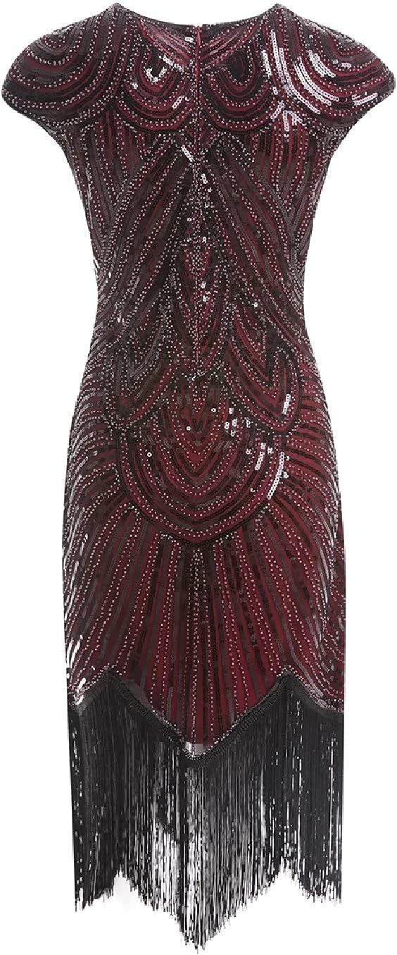 MIMIKRY 20er Jahre Charleston Pailletten Kleid Rot/Schwarz mit Fransen Flapper Damen-Kostüm M Rot/Sc