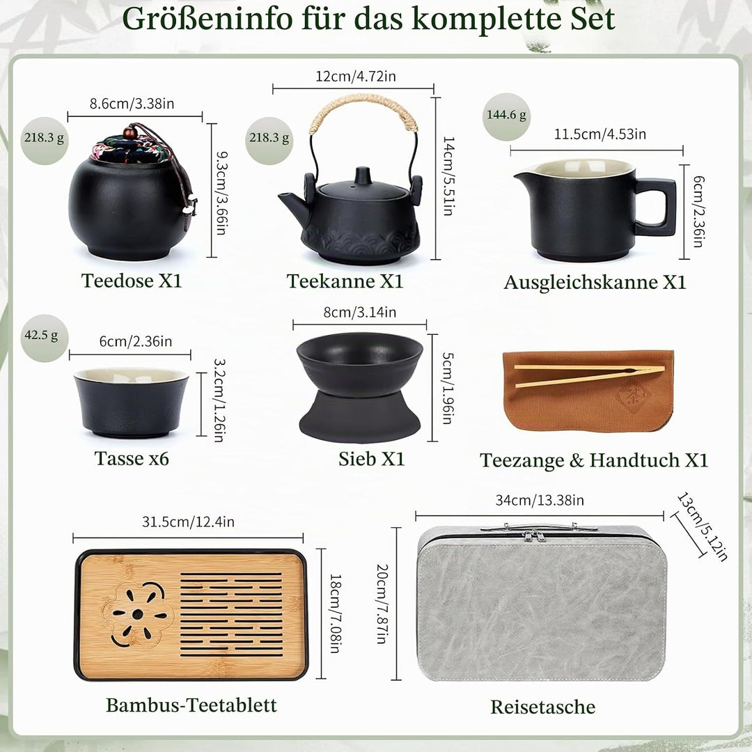 Tee-Set 14-teilig, Keramik schwarz, mit Kanne, 6 Tassen und Tablett | Japanisches Kung-Fu-Design. Tr