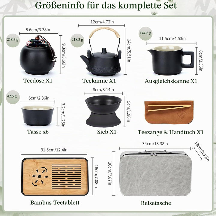 Tee-Set 14-teilig, Keramik schwarz, mit Kanne, 6 Tassen und Tablett | Japanisches Kung-Fu-Design. Tr