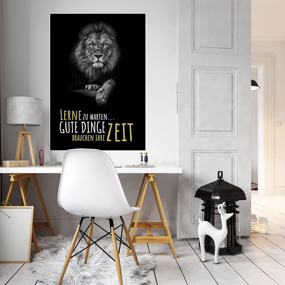 wandmotiv24 Poster als Wanddeko, Grösse 100x70cm, Gute Dinge brauchen Zeit, Löwe, Moderne Wanddeko,