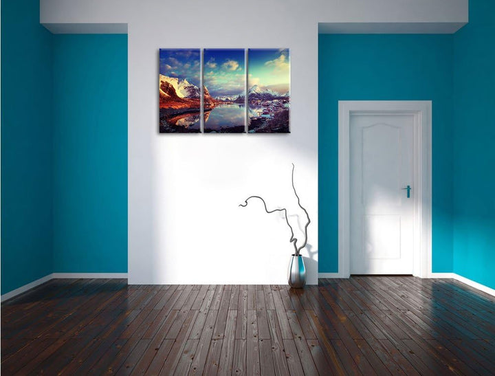 Pixxprint Schneelandschaft in einem Dorf in Norwegen 3-Teiler Leinwandbild 120x80 Bild auf Leinwand