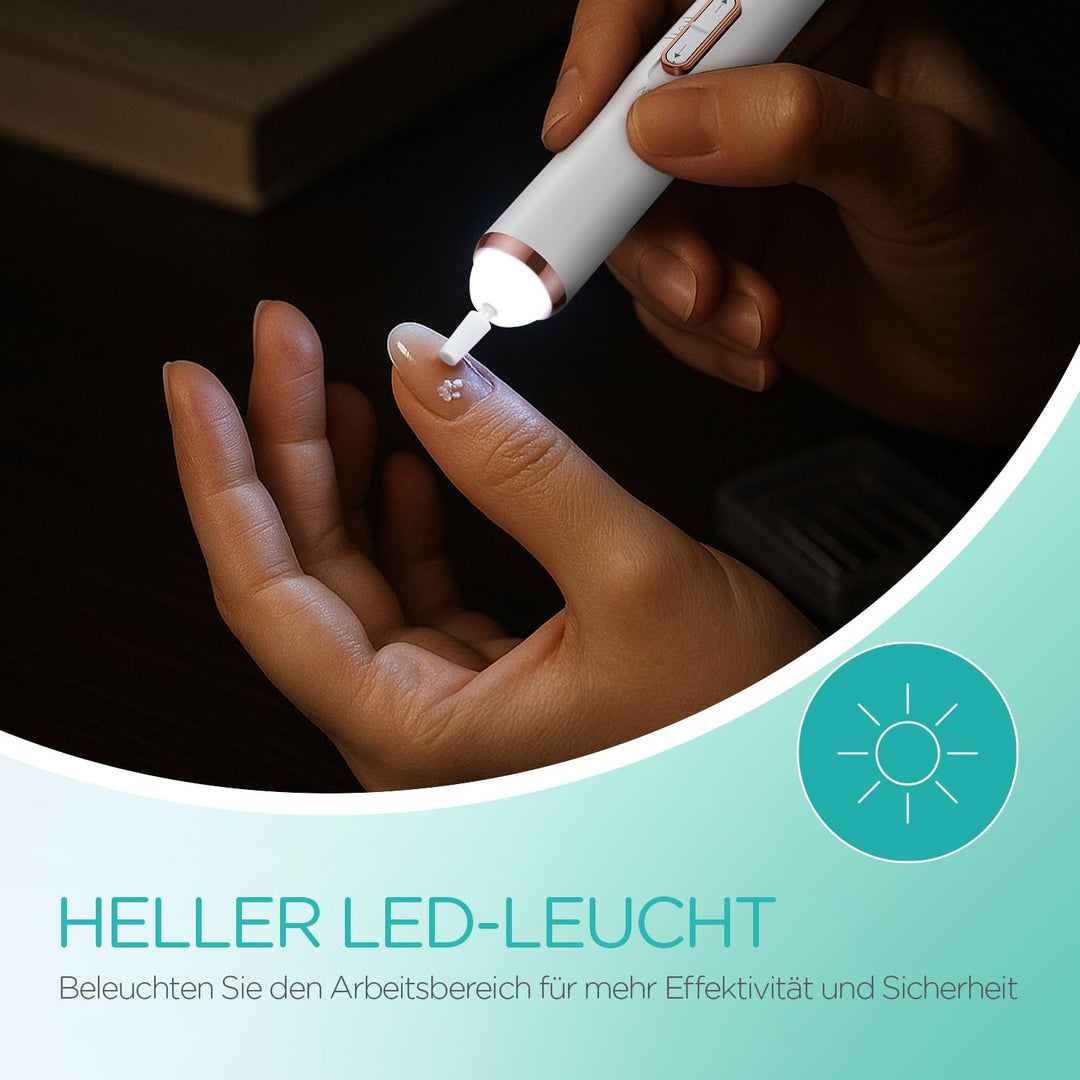 VOGOE Elektrische Nagelfeile, Kabelloser Nagelfräser mit LED-Licht, Einstellbare Geschwindigkeit & 2