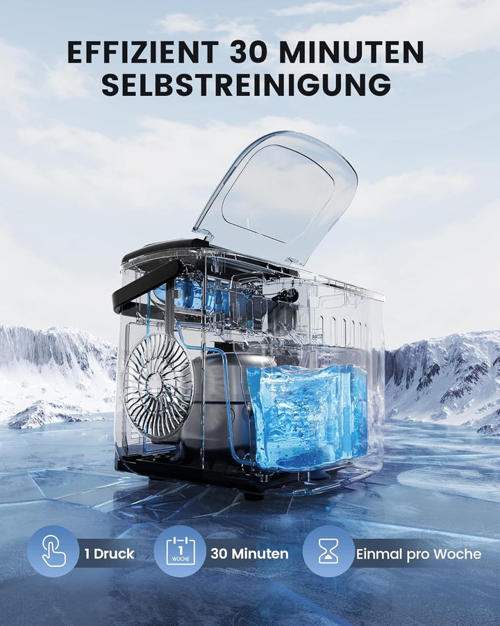 EASYERA Eiswürfelmaschine Klein, Tragbar und Kompakt, 12 KG/24H, Eiswürfel in 6 Minuten, 2 Eiswürfel