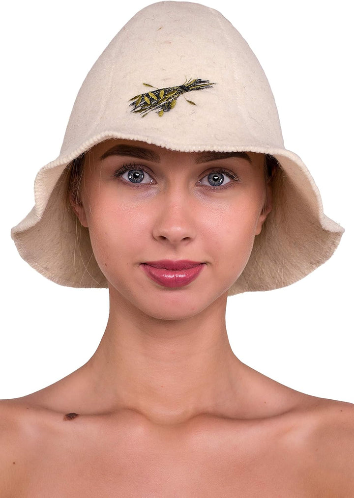 Ger3as Saunahut 100% Wolle mit Stickerei für Damen und Herren, Wellness Mütze Premium Qualität Bad B