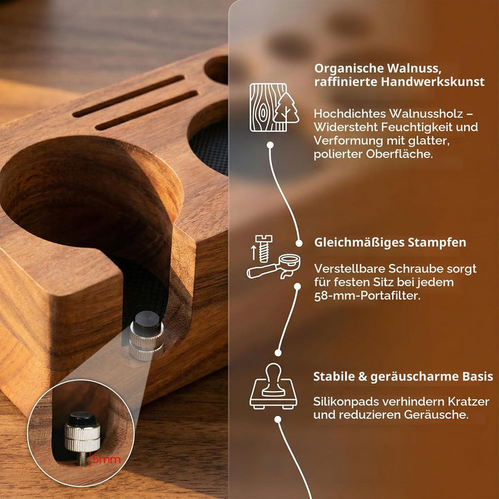 Espresso Tamperstation 58mm Tamperstation mit Abklopfbehälter Holz | Coffee Tamping Station 5 Steckp