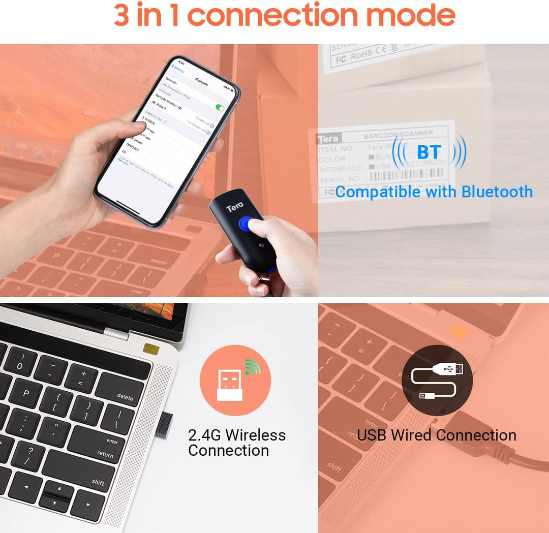 Tera Wireless Barcode Scanner 1D Laser Mini Pocket Waterproof Scanner 3in1 Compatible with Bluetooth