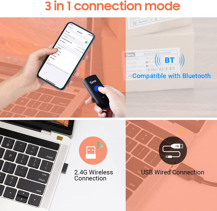 Tera Wireless Barcode Scanner 1D Laser Mini Pocket Waterproof Scanner 3in1 Compatible with Bluetooth