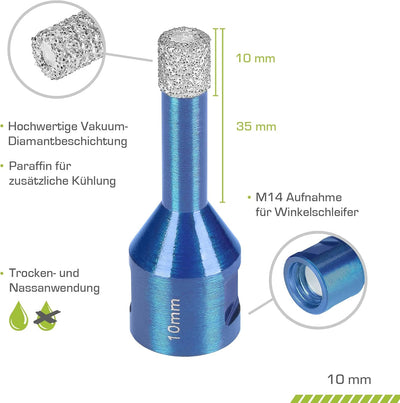 Profi Fliesenbohrer 10mm x M14 - Diamantbohrer für harte Fliesen, Feinsteinzeug uvm. Diamantbohrkron