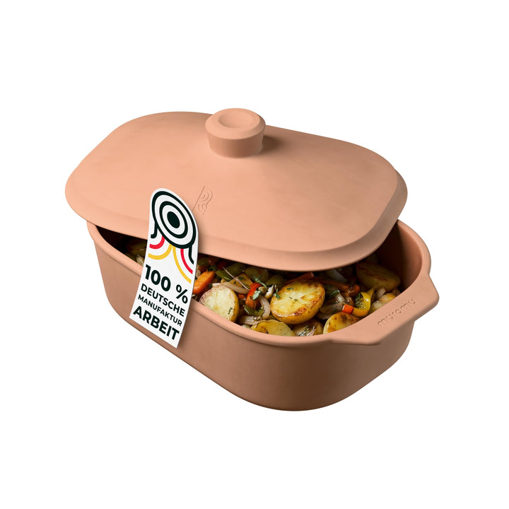 myromy® Bräter, Schmortopf & Brotbackform aus Keramik Natur-Ton: Bratentopf, Dampfgarer & Backform,