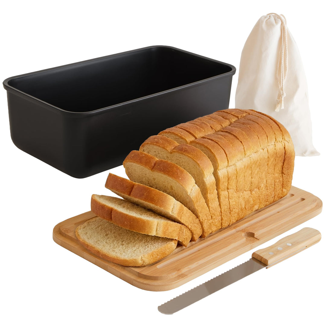 UCO Brotkasten Schwarz 38 cm mit Schneidebrett-Deckel und Messer, inklusive Stoff-Brotbeutel, Brot A