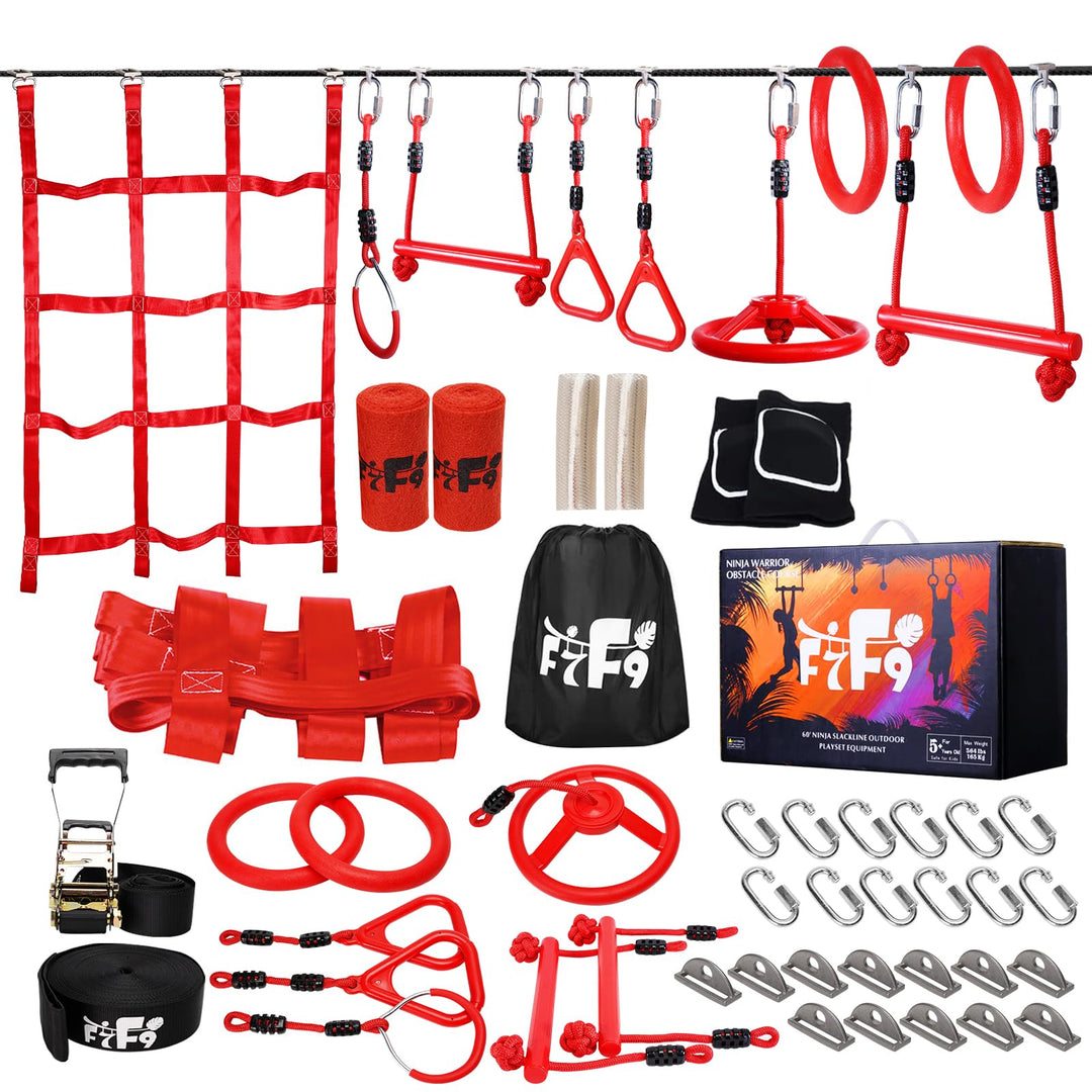 18 Meter Langer Ninja-Warrior-Hindernisparcours für Kinder – Slackine-Spielset mit Kletterstangen, T